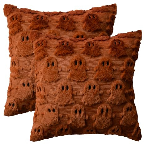 Artoid Mode Juego de 2 fundas de cojín de piel artificial suave de Caramel, fantasma, Halloween, 45 x 45 cm, de terciopelo, para sofá, decoración para dormitorio