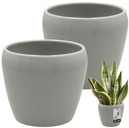 KOTARBAU® 2 St. Blumentopf Grau innen rund ⌀ 13,5 cm H: 14 cm glasierte Keramik Blumentöpfe innen Blumenübertopf Pflanzentopf innen Orchideenübertöpfe Blumentopf groß Flower Pot