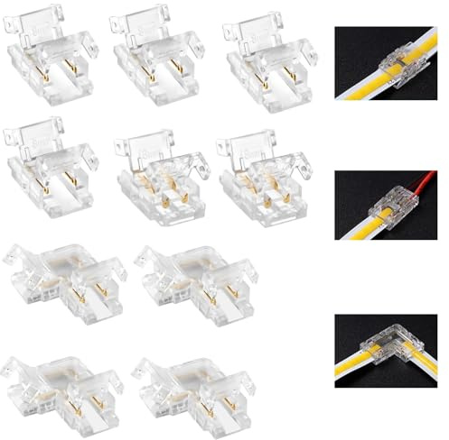 10PCS 2 Pin 8mm LED Strip Light Connectors, LED Strip Light Strip Connector Kit - 2 x LED Strip to Wire Connectors, 4 x Strip to Strip, 4 x L-Shape LED Light Connectors for for COB SMD