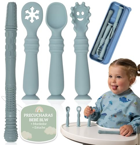 Bornealand Precucharas Bebe BLW Con Ventosa En La Base + Mordedor + Estuche, Incluye Cuchara Silicona Bebé, Cuchara Bebe Aprendizaje, Cubiertos Infantiles, Colheres Bebe (Azul)