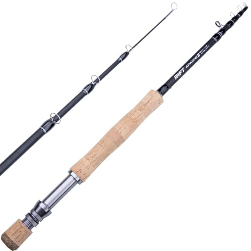 RIFT Apache II Fliegenfischrute – Teleskop-Angelrute aus Kohlefaser – einteilige Reise-Angelrute – schnelle Aktion Fliegenrute mit Aluminium-Rollensitz, Edelstahlführungen und klappbarem Hakenhalter
