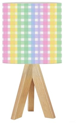 Bedside Table Lamp Tripod Desk Lamps Living Room Bedroom Rainbow Pastel Blue Purple Pink Yellow Green Gingham Patterns Wooden Base Lampshade Kids Room Small Light for Reading Nightstand Shades