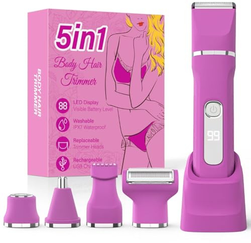 HOHOLE Rasoir électrique pour femme, tondeuse bikini 5 en 1 pour femme, rasoir électrique étanche IPX7, rasoir corporel sans fil pour voyage, avec 5 têtes de lame remplaçables, station de recharge USB