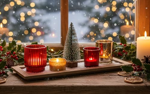 KAMACA Teelichthalter Set 36x14 cm Deko-Set mit 4 Glas-Teelichthaltern Holztablett & künstlichem Tannenbaum Festliche Advents & Weihnachts - Deko Kerzenständer (Kerzenhalter Set Christmas)
