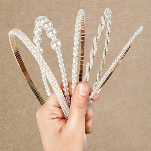 5 Stück Perlen Haarreif,Weiß Kunstperlen Strass Haarschmuck Damen,Modische Rutschfest Haarreifen Diadem,Perlen Haarschmuck Haar Accessoires für Frauen Mädchen Hochzeit Geburtstag Party