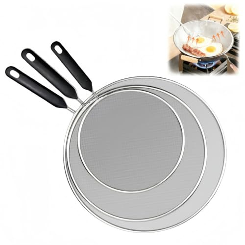 3 Pcs Frying Pan Splatter Guard, Multi Size Splatter Screen (25cm + 29cm + 33cm) for Pots and Pans, Oil Splatter Protection, Flour Sifting and Food Draining