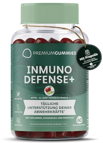 Gommes à la vitamine C, zinc, échinacée, sureau et propolis - Renforcent les défenses immunitaires - Saveur pomme-citron vert - Sans sucre, Végan, Sans gluten, Sans OGM - 60 gommes - 30 jours