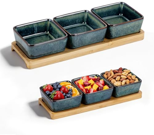 3er Dip Schalen Set aus Keramik mit Holzbrett, Servierschalen für Saucen, Dips, Snacks & Gewürze, Kleine Schüsseln für Vorspeisen & Desserts, Servier Set für Küche, Party & Tischdeko (Grün)
