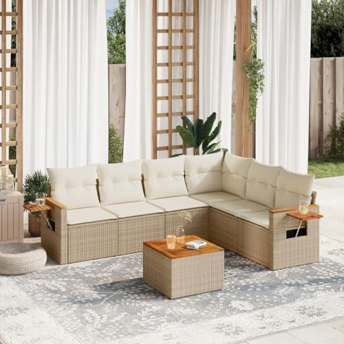 Frdhee Muebles de jardín de 7 piezas, muebles de jardín con cojines beige de poliratán, juego de bistró para patio, exterior