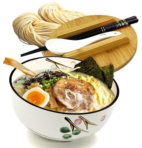 Juego de tazón de cerámica Ramen - Cuenco de fideos instantáneos con tapa Palillos Cuchara de sopa, vajilla asiática Pho cuencos para sopa, ensaladera, cuencos de cereales, juego de vajilla japonesa