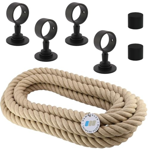 Handlaufseil-Set Ø 30 mm – 4 m Polyhanf-Seil „Nature Touch“ naturfarben mit 2 Endkappen & 4 Seilträgern, schwarz matt | Treppe & Geländer