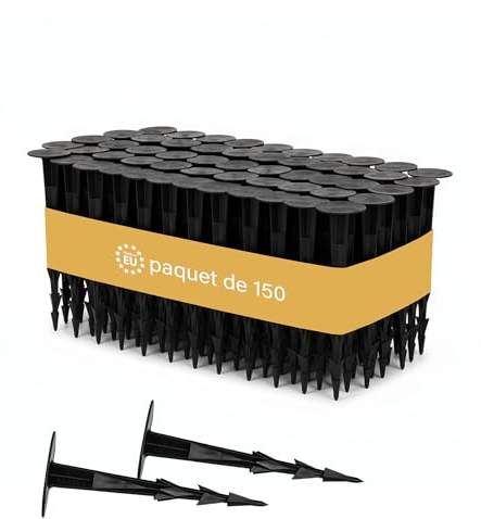 BAKOKI 150 anclajes de plástico para malas hierbas, fijación extra fuerte, clavos de tierra resistentes a los rayos UV, construcción acanalada, púas, ancho diámetro de la cabeza 45 mm para red de
