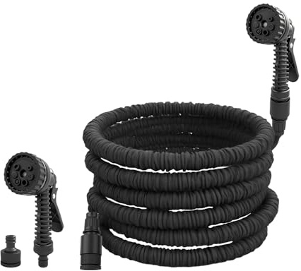 Flexibler Gartenschlauch, 15m Dehnbarer Wasserschlauch Anti-Knick mit 6-Modi Funktions Spritzpistole, 1/2 und 3/4 Schnellkupplungen, Flex-Schlauch für Garten & Terrasse, Schwarz