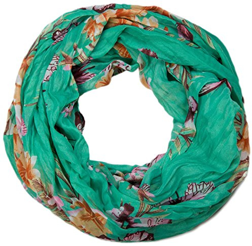 styleBREAKER Sciarpa loop da donna con stampa colorata di farfalle e fiori, sciarpa crash e crinkle, foulard 01016013, colore:Verde-menta