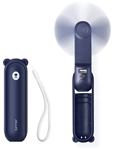 JISULIFE Mini Handventilator, 3-in-1 Handventilator, wiederaufladbarer USB [12–19 Betriebsstunden] mit Powerbank, Taschenlampe, tragbarer Ventilator für Reisen/Sommer, Geschenke für Frauen-Blau