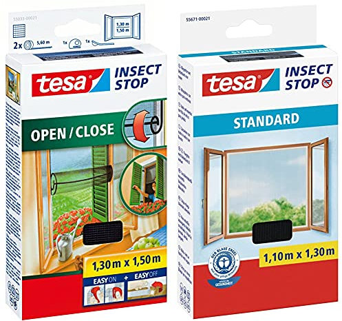 tesa Insect Stop COMFORT Open/Close Fliegengitter Fenster zum Öffnen und Schließen, 130 cm x 150 cm & Insect Stop STANDARD Fliegengitter für Fenster - 1 x Fliegen Netz anthrazit - 110 cm x 130 cm