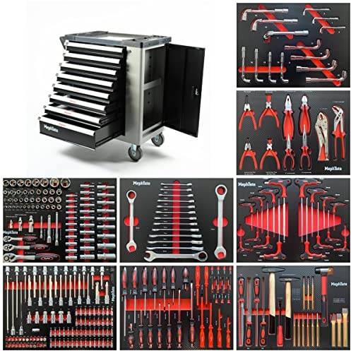 Mephisto XXL Werkzeugwagen Werkstattwagen mit 8 Schubladen mit Werkzeug wie Schraubenschlüssel, Ratsche mit Nusskasten, Schraubendreher usw. in Soft Inlays in Carbon Lock gefüllte Schubladen