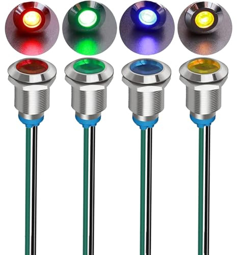 Gebildet 4pcs 12mm 3V-4.5V-5V-6V-7.5V-9VDC LED Metal Indicator Light Waterproof Signal Lamp Pilot Dash Directional Car Truck Boat with Wire(Red/Orange/Blue/Green)