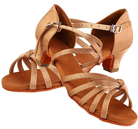 mumisuto Chaussures de Danse Latine, Chaussures de Danse à Semelle Molle en Satin pour Femmes, Satin Talon Latine Sandales Chaussures de Pratique Salsa Tango Bachata Samba de Salon(29-Brun Clair)