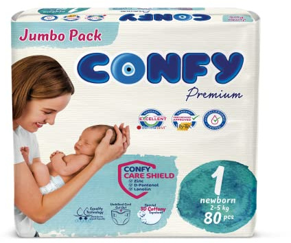 Confy Windeln für Babys (2-5 kg), Gr. 1 Jumbo Packung (80 Stk), Rundum Auslaufschutz