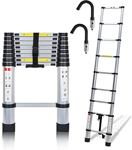 Lospitch Teleskopleiter mit Abnehmbarem Haken, 2,6M Ausziehbare Leiter Aluminium, Ausziehbar Mehrzweckleiter Aluminiumleiter, Teleskop Klappleiter 150 kg Belastbarkeit