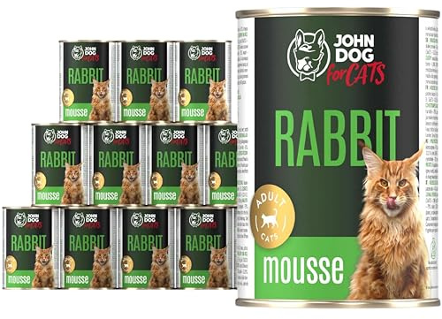 John Dog for Cats Nassfutter für ausgewachsene Katzen mit Kaninchen - Monoprotein Katzennassfutter - hoher Fleischanteil, getreidefrei, 100% natürlich - 400g (12er Pack)