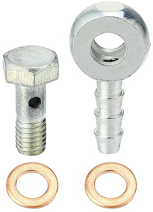 A ABSOPRO Hohlschraube M6x1 Banjo Set 1 Kit Mit Dichtungen Für Bremse | Silber/Kupfer, Metall, Für Bremssystem, Adapter 29x15mm, Banjo ID 6mm, 1x Adapter, 1x Schraube, 2x Scheiben