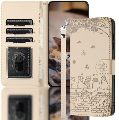 Nokverzy Handyhülle für Huawei P20 lite(5.84) Hülle Klappbar PU Lederhülle Klapphülle Kartenfach Standfunktion Magnetische Schutzhülle für Huawei P20 lite(5.84) Flip Case Wallet Tasche Katze Khaki