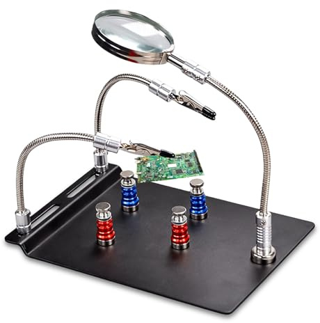 Troisième Main de Soudure, Accessoire de Modélisme Magnétique Avec Loupe et 4 Poteaux Magnétiques, Outil de Support de Circuit Imprimé, Plaque de Base en Métal, Bras d'Aide Aux Mains
