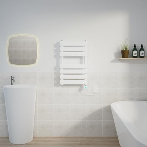 Warmehaus 650x400mm White Flat Panel Electric Towel Rail Timer 400W | Designer, Thermostatic, Prefilled, Child Lock, LCD Display, Dual Fuel, Energy Efficient, Bathroom Towel Radiator, Kitchen