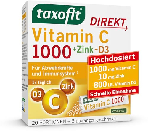 taxofit Vitamin C 1000 + D3 + Zink | für das Immunsystem | 5 x 20 Sticks | Hochdosiert mit Zink & Selen für den Zellschutz, Granulat mit Orangengeschmack, ohne Flüssigkeit, glutenfrei, vegetarisch