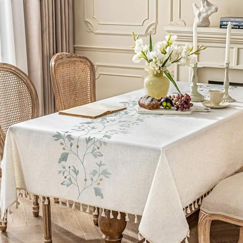 Minicoco Rectangular Table Cloth Cotton Linen Tablecloth Washable Table Cloths Wrinkle Dust Proof Table Cover with Tassel Tablecloth for Coffe Table, Kitchen, Dining, Tabletop Decoration(140x180 cm)