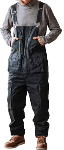 Rexcyril Herren-Arbeitslatzhose, lockere Passform, Arbeitskleidung, Latzhose, schlampiger Overall mit verstellbaren Trägern und großen Taschen, Schwarz, 54