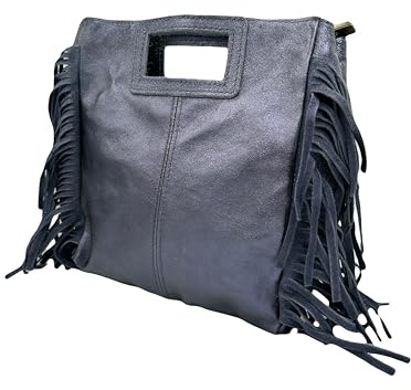 Bolso Mujer Elegante Diseño Vintage Con Flecos, Bandolera Piel Cuero Italiano Espacioso Moda Verano Ideal Para Viajes y Ocasiones Especiales Azul Oscuro
