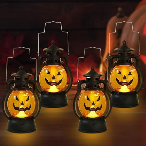 GAROMIA 4 Stück Halloween Deko Kerzenlaterne Halloween Laterne mit LED Kerze Kerzenlaterne Laterne Kerzen Halloween Deko Innen Outdoor Kürbislaterne zum Aufhängen Herbst für Halloween