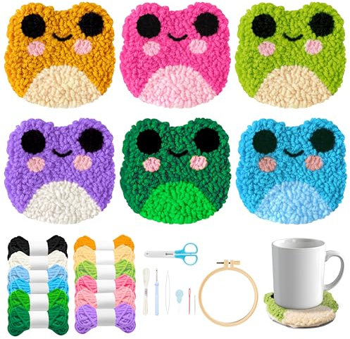 WATINC Frog Punch Needle Coaster Kit - 22Pcs Crafts Punch Needle Coasters Kits for Beginners, Frog Patterns Coaster Tufted Rug Pads with Adhesive Felt Yarns Embroidery Hoop Instruction
