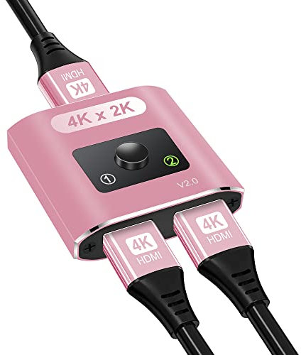 HDMI Splitter 4K@60Hz, Bi-directional HDMI Switch, Aluminum HDMI Splitter 2 in 1 out / 1 In 2 out, HDMI Switcher, Support 3D 1080P, suit for TV Box,Laptop,PS3/4/5,DVD,Pink(CABLE NOT INCLUDE)