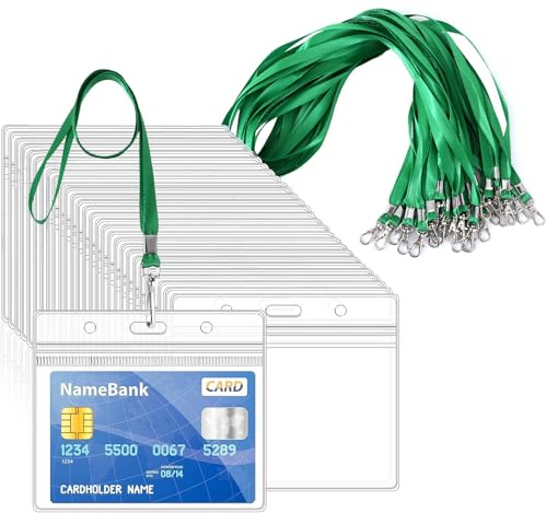 Lot de 50 cordons verts pour tour de cou avec 50 porte-cartes, porte-cartes d'identité en plastique transparent – Porte-badges horizontaux et étanches avec cordon pour cartes d'identité, bureau,