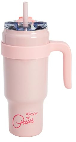 Paris Hilton – pinke Edelstahl Trinkflasche mit Kunststoffgriff und Strohhalm – 1,1 L, Doppelwandig Isoliert, Abnehmbarer Griff