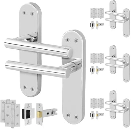 EAI Polished Chrome Door Handles with Latch 64mm, Hinges, 4 Pack - Oliena | Complete Latch Kit with 4 Pairs of T-Bar Lever on Backplate Door Handles, 64mm Latches, 76mm Hinges, Fixings Included