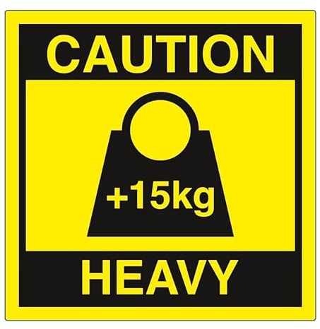 Caution Heavy Warning Labels, 15kg Weight Symbol, 89x89mm, Yellow, 400 Pack, UK Made
