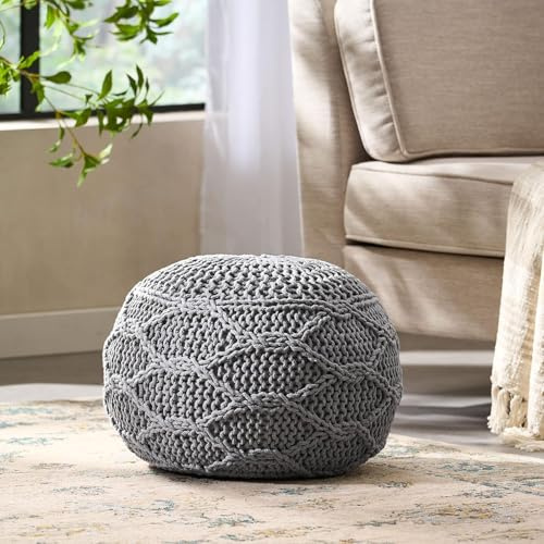 roomfitters Hand-Knit Round Pouf Ottoman with Textured Cotton Weave, Lazy Bean Bag Chair, Soft Floor Cushion for Living Room, Bedroom, or Lounge Seating, Gray