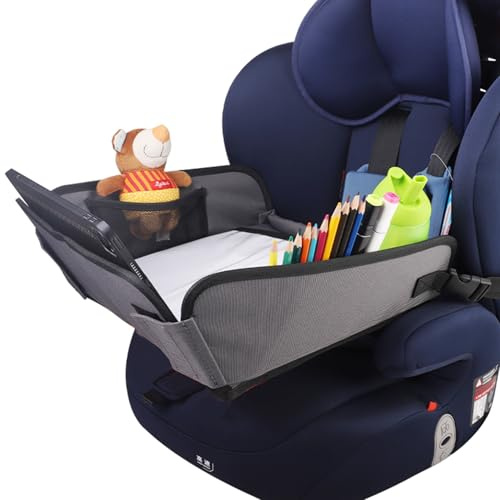 Kids Travel Tray for Car, Car Seat Tray for Kids Travel, Carseat Table Tray for Kids Road Travel Activities Car Trays for Kids Roadtrip Essentials, Toddler Lap Desk Organizer for Airplan. (Grey)