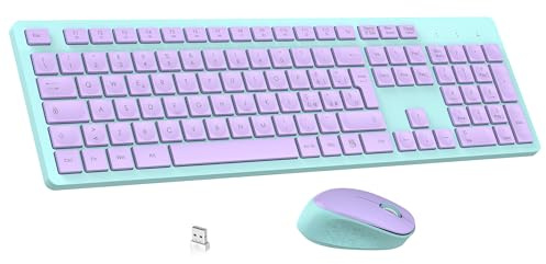 LeadsaiL Kit Tastiera e Mouse Wireless con Tastierino Numerico, Layout Italiano QWERTY, 2,4 GHz USB, Silenzioso, Compatibile con PC, Desktop, Laptop, Computer per Windows, HP, Lenovo, Mac-Viola Verde