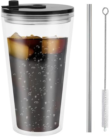 UOCAI Taza Bubble Tea con Tapa y Pajita, 16oz Taza de Plástico con Pegatina y Cepillo de Paja, Doble Pared Reutilizable para Café Zumo Batido