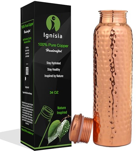 Copper Water Bottle 34oz - 100% pure Ayurvedic copper bottle for drinking | eco-friendly | copper vessel | BPA free non toxic lab tested | Leak-Proof | Handcrafted for Health & Wellness (Hammered)