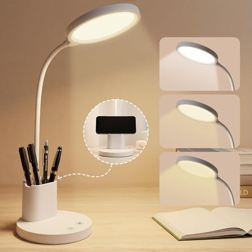 LQWELL Lampe de bureau LED tactile pour enfants et adultes, col de cygne 360°, 3 couleurs et luminosité réglables, avec porte-stylo, support pour téléphone, cordon de 1,2 m, prise, blanche
