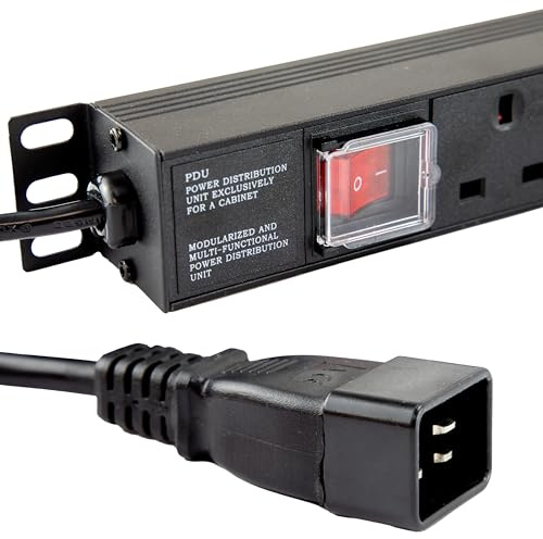 kenable 8 Way Vertical PDU Power Distribution Unit | UK Sockets to C20 IEC 16A | Aluminium Rack Mount Strip 4000W | Illuminated Switch | 3m Cable
