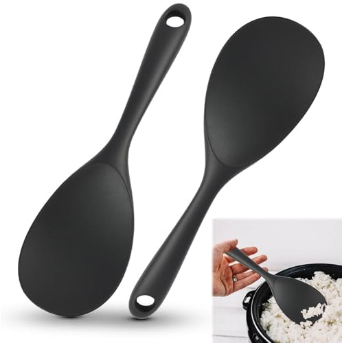 2 PCS Rice Serving Spoon, Silicone Non-Stick Rice Paddle Kitchen Utensil, Heat Resistant Silica Gel Rice Spoon with Hanging Hole for Rice, Sushi, Mashed Potatoes, Stirring and Mixing, Black