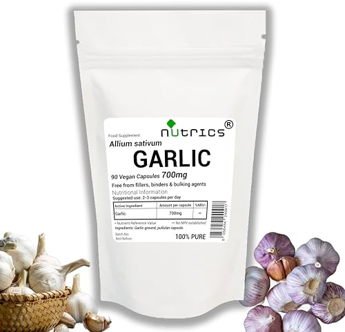 Nutrics® 700mg (per Capsule) Garlic 90 V Capsules - 100% Pure Allium Sativum - No fillers, Binders or Bulking Agents